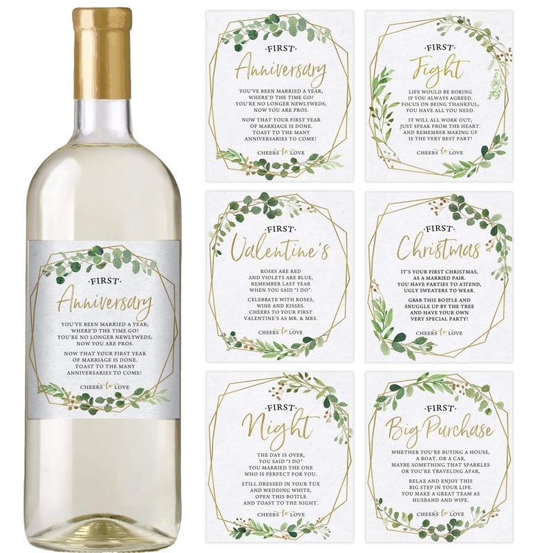Printed Party Marriage Milestones, Greenery Wedding Firsts, 6 Wine Bottle Labels - Image 1